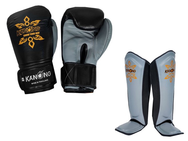 Kanong Cowhide Leather Muay Thai Gloves + Shin Guards : Black/Grey